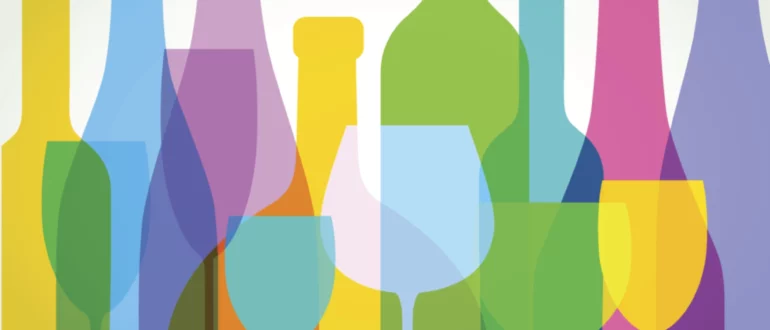 Разноцветные перекрывающиеся винные бутылки. EPS10, файл лучше всего в RGB, версия CS5 в zip-архиве
